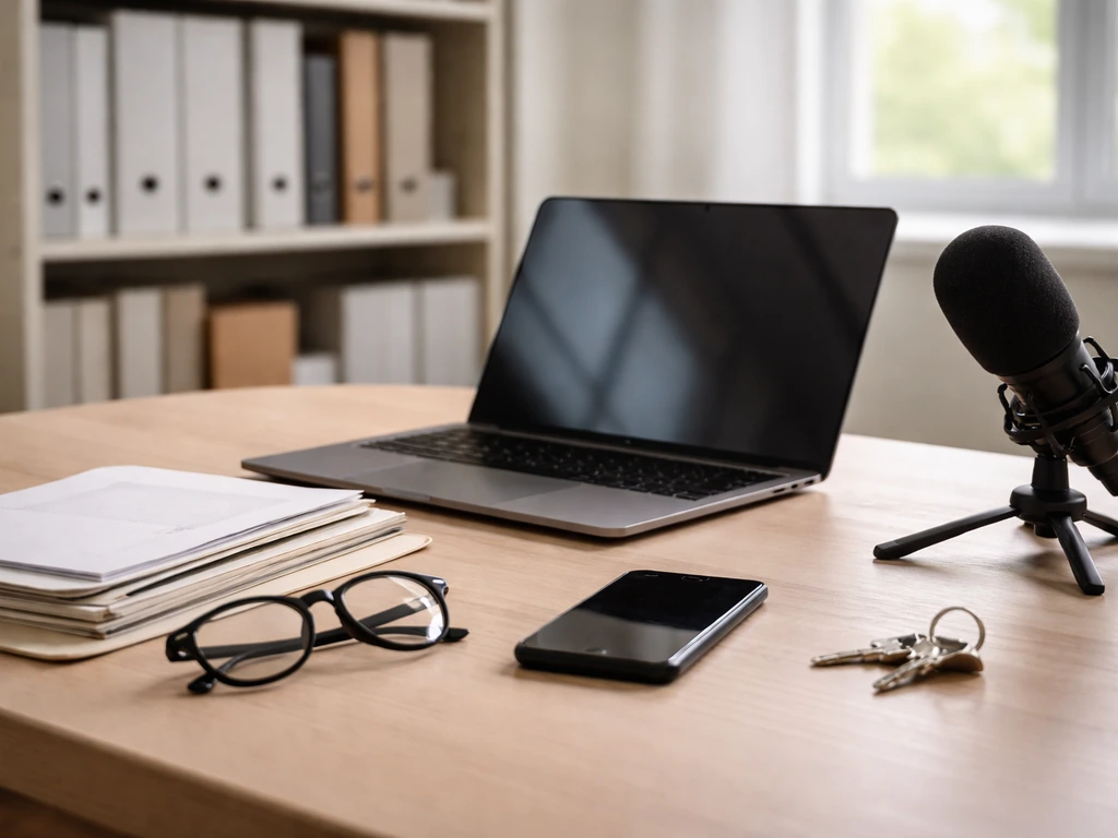 Minimal desk scene with laptop, phone, microphone, and paperwork symbolizing indirect net worth estimation signals.