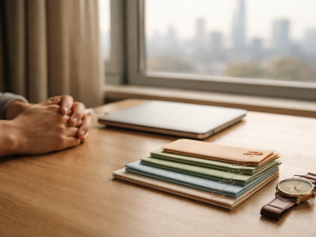 Minimal photo of a quiet desk with a laptop, neatly stacked cash envelopes, and a watch, symbolizing career financial gr