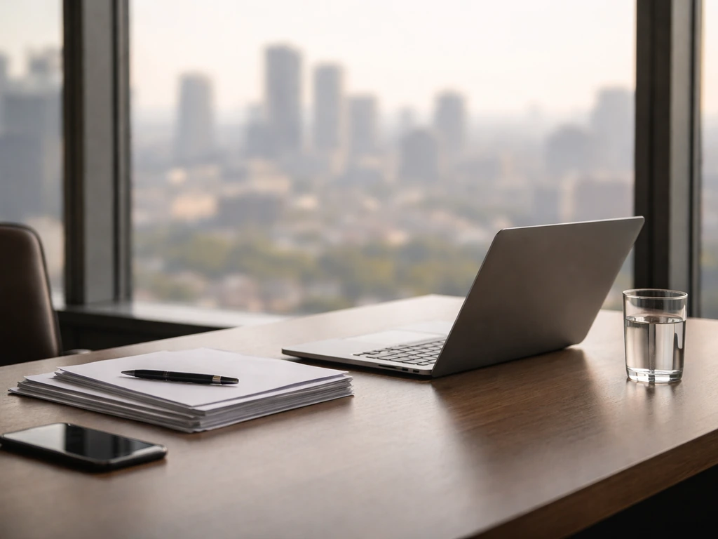 Luxury finance office with a laptop, papers, and a glass of water symbolizing corporate leadership