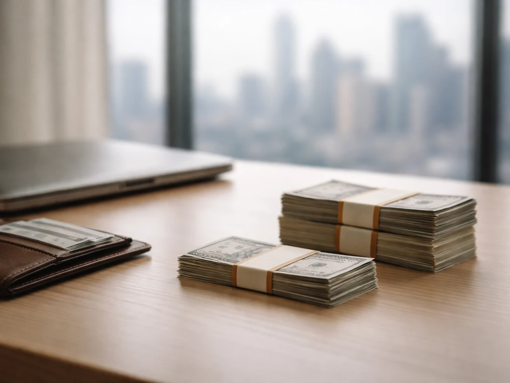 Minimal office desk with cash and an open wallet, symbolizing an estimated net worth range.