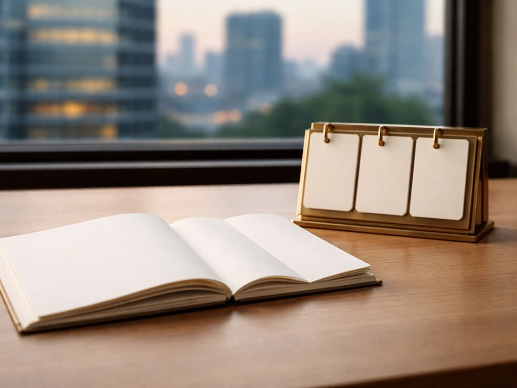 Minimal office desk scene with an unlabeled calendar and blank notebook pages suggesting career milestones.