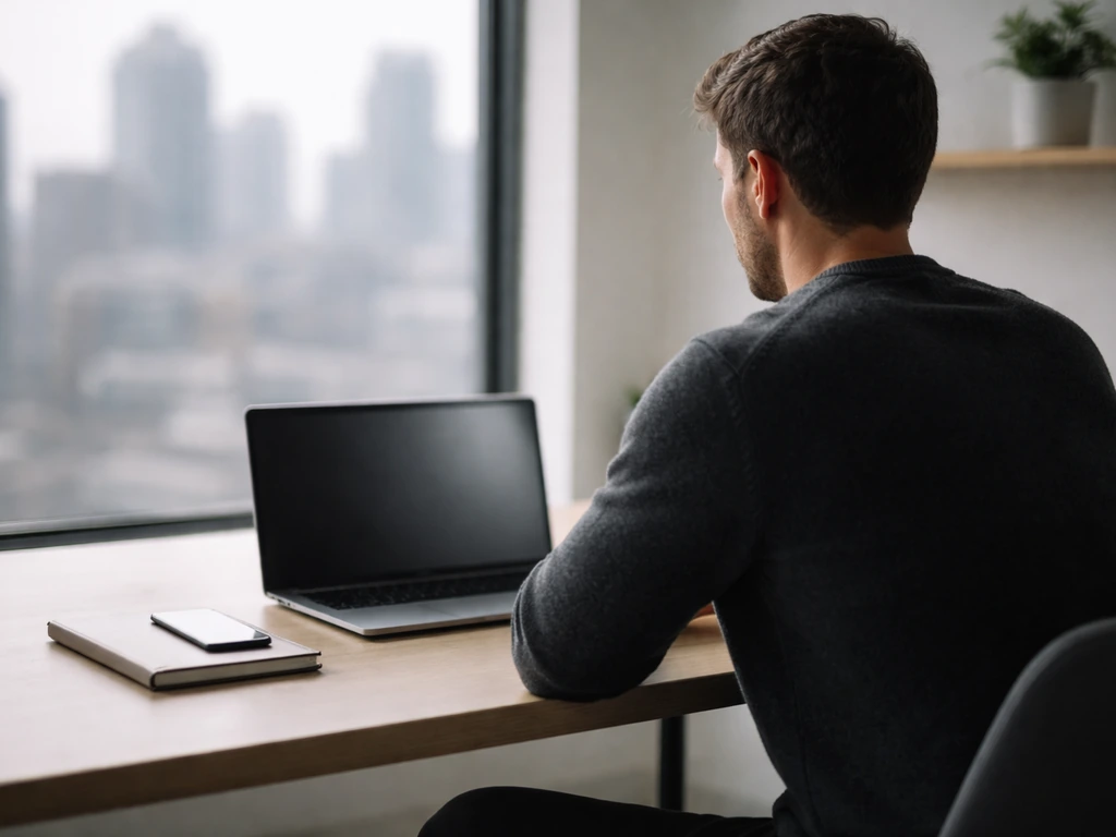Anonymous fintech founder working at a desk with a laptop in a quiet modern office