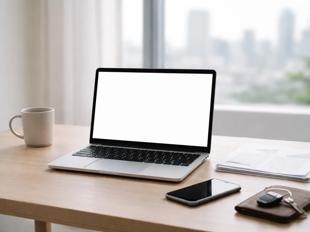 Minimal photo of a quiet office desk with a smartphone and scattered finance-themed objects suggesting net worth estimat