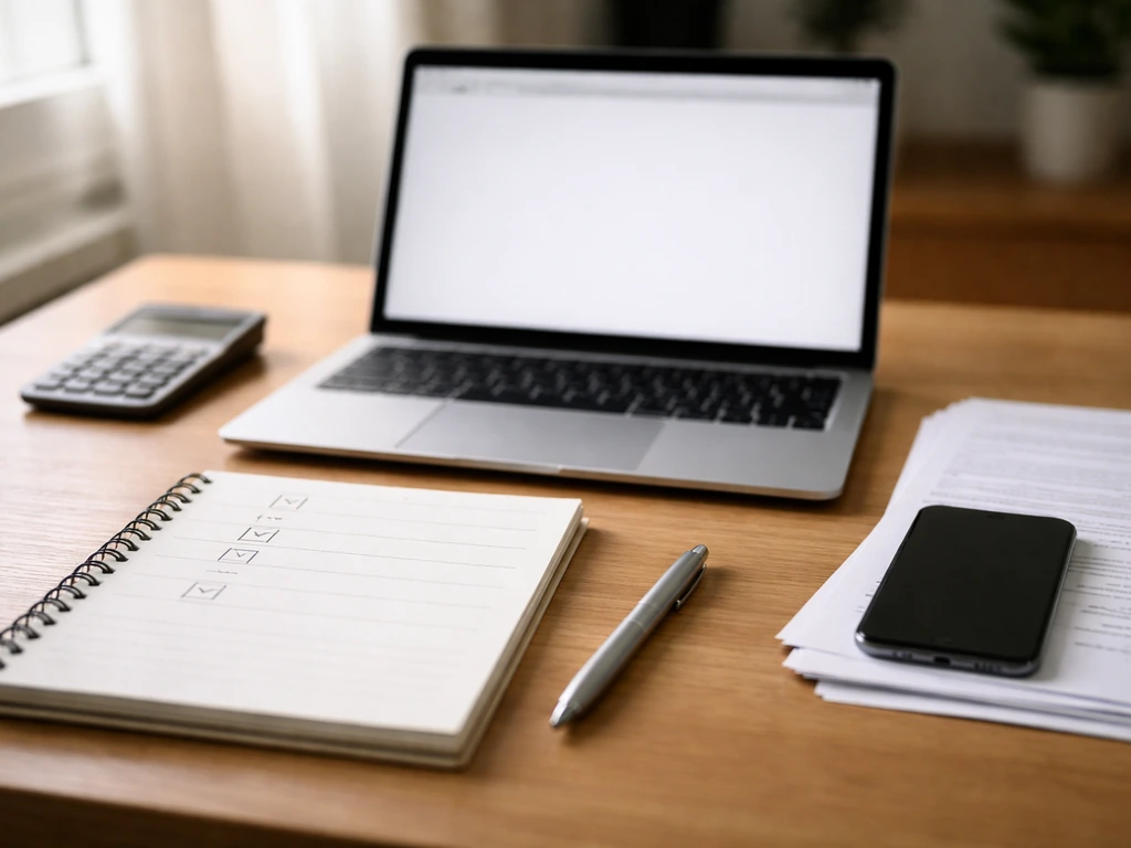 Minimal desk scene with a laptop and printed checklists showing sources to verify an estimate