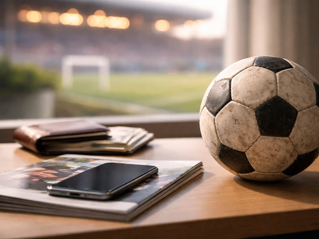 Football beside a smartphone and wallet on a desk, with blurred stadium lights in the background.