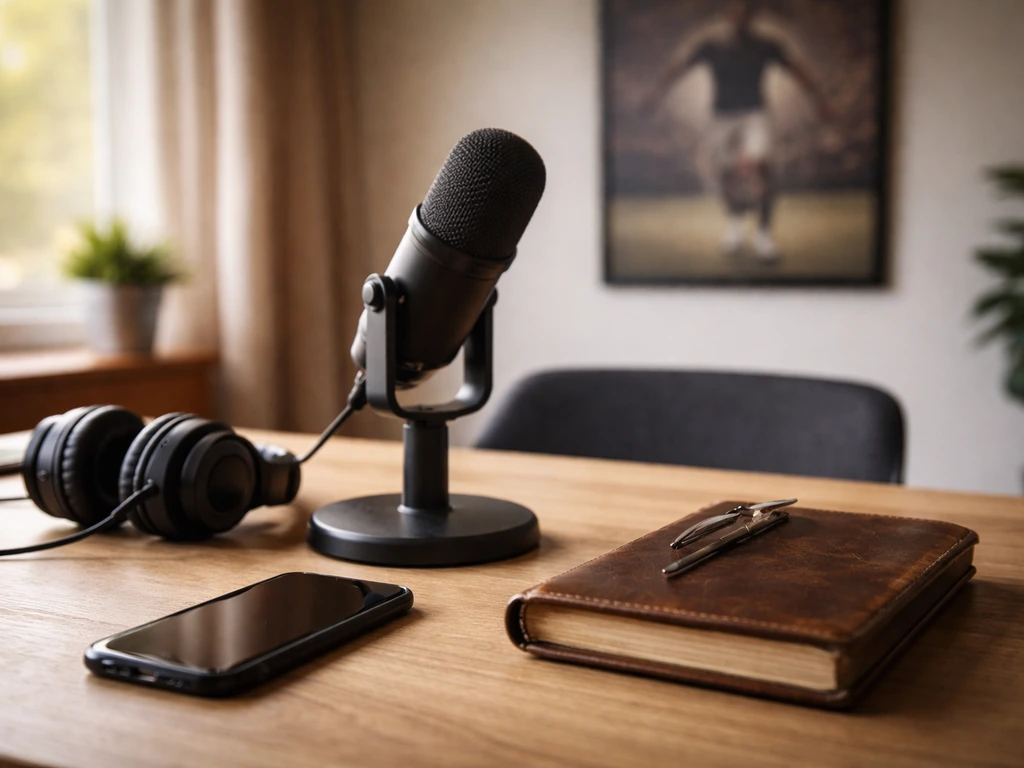 Minimal desk with a microphone and headphones, symbolizing sports media and public profile analysis.