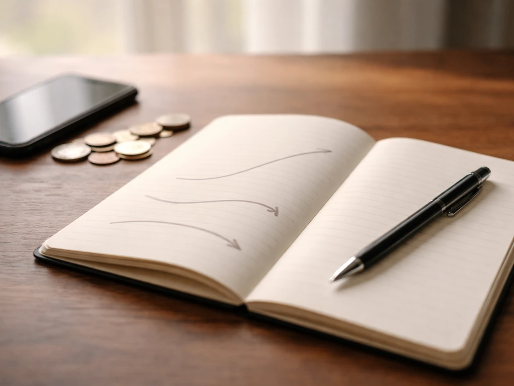 Minimal close-up of a notebook and pen beside a smartphone showing shifting wealth concept, no text