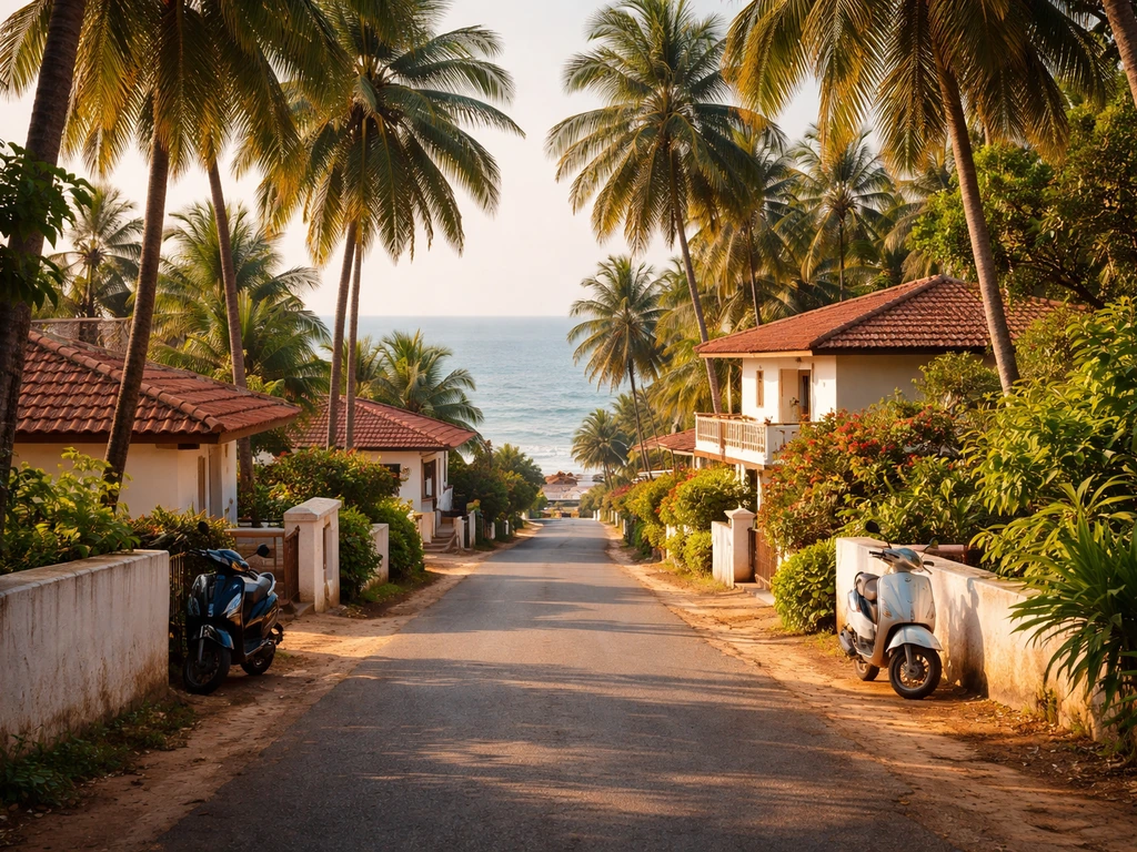 Coastal Goa neighborhood with palm-lined lane, low-rise homes, and distant Arabian Sea