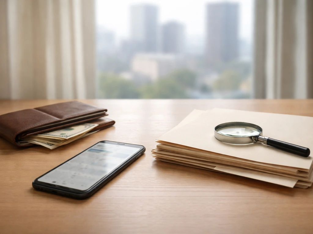 Minimal desk with wallet, money, blurred phone finance page, and magnifying glass over generic papers.