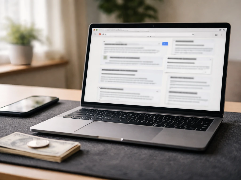 Minimal desk scene with blurred laptop search results and money symbols, showing name ambiguity.