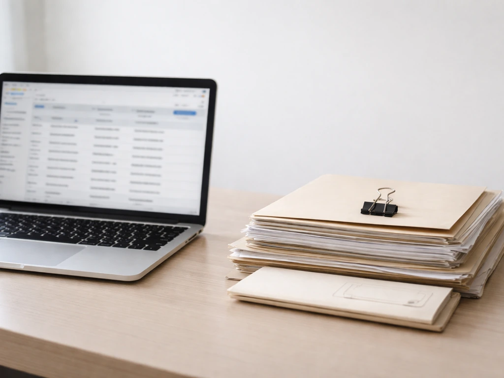 Laptop with blurred database view next to stacked corporate record folders on a desk