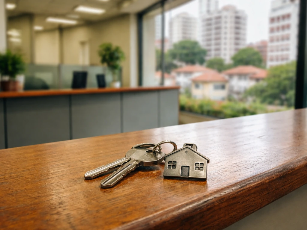 Cartório-style property registry counter with a key and a blurred city street view through a window