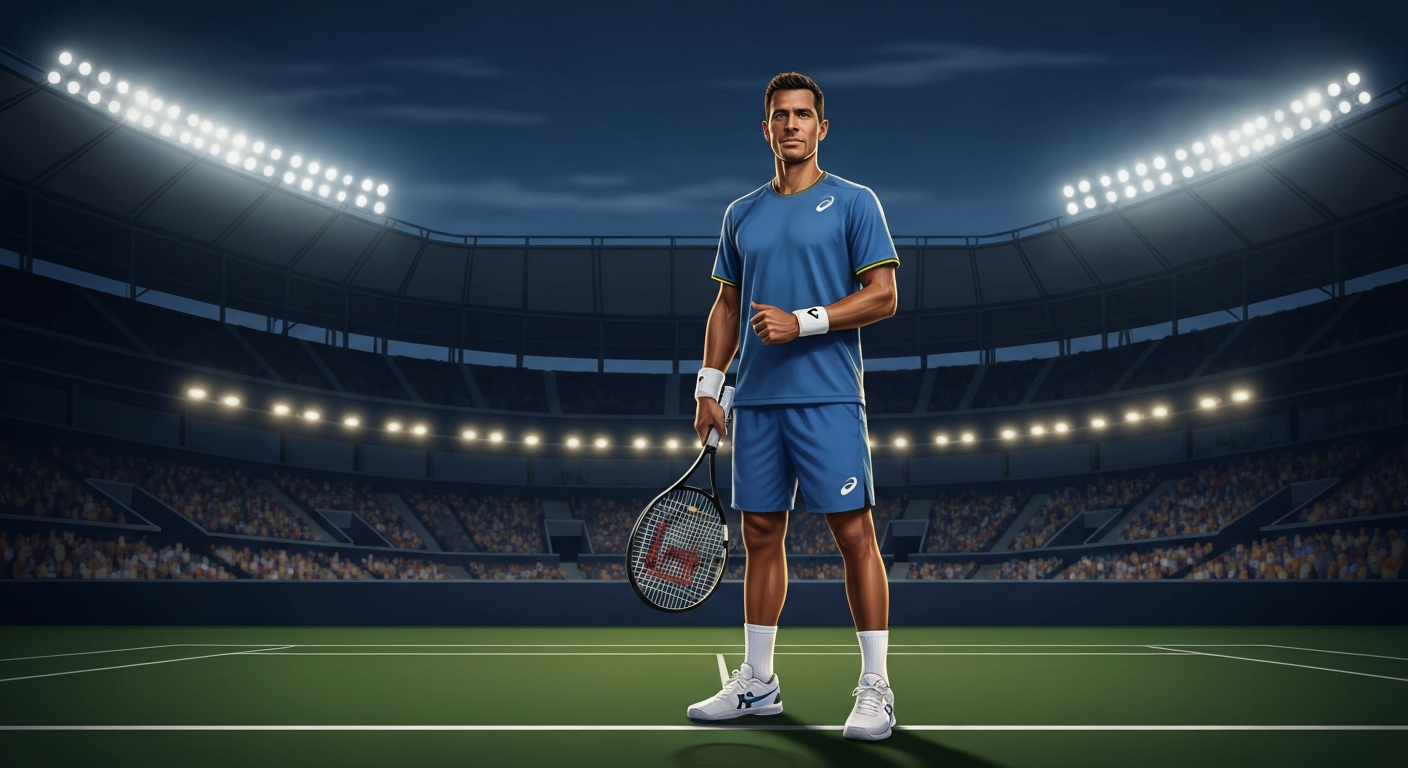 Illustration of a professional tennis player holding a racket on a stadium court, styled for a magazine cover.