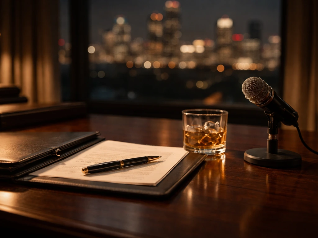 Luxury office desk with glass, pen, and microphone, warm city light through a window.