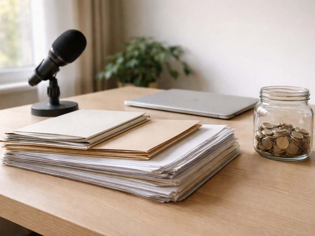 Minimal office desk with layered folders, coins, and a microphone symbolizing built estimates.