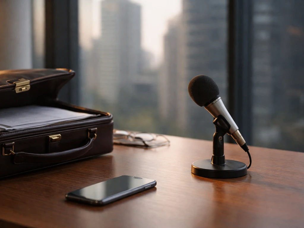 Minimal office desk with microphone and briefcase beside a city view, symbolizing business career wealth buildup.