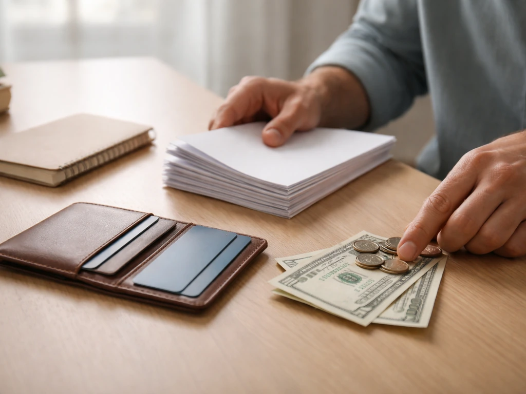 Person reviewing a ledger-like document beside cash and bank cards, symbolizing assets vs liabilities.