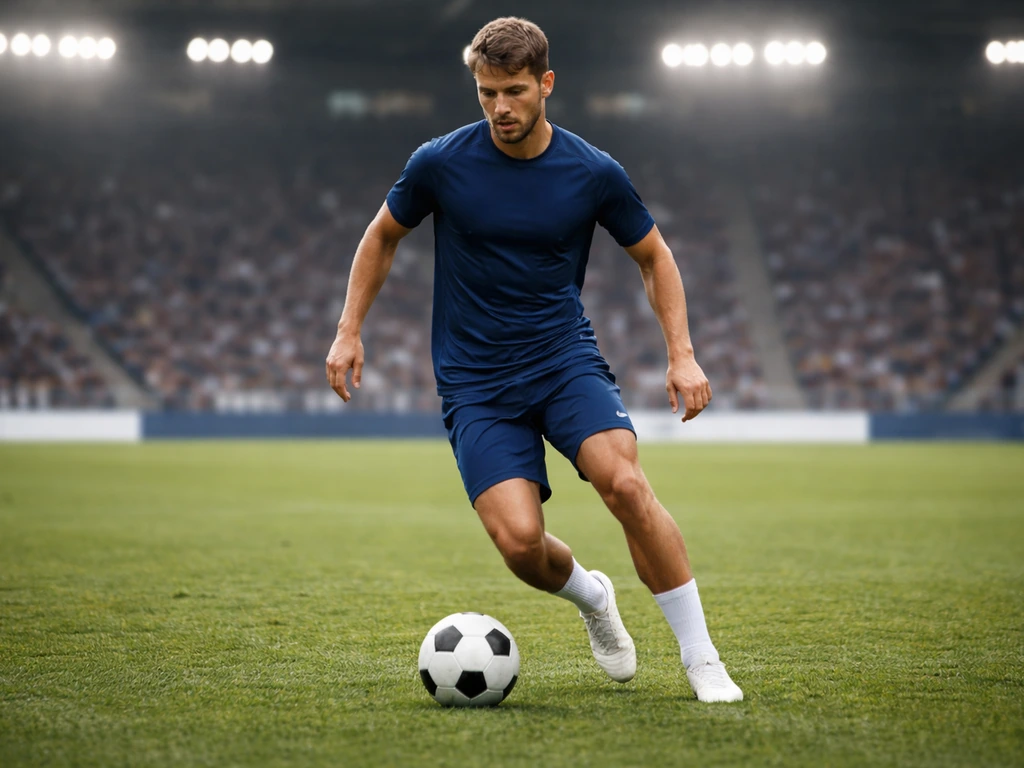 Footballer dribbling a ball on a sunny match-day pitch with blurred stadium background.