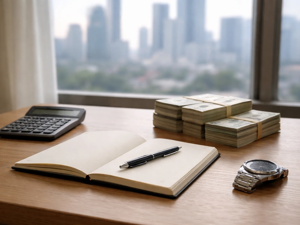 Minimal office scene with a notebook, cash-like props, and a calculator suggesting a net worth breakdown range.