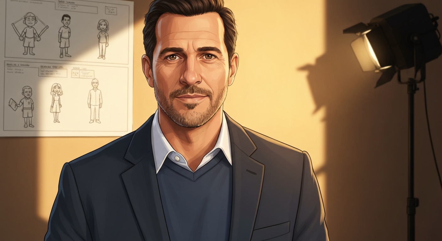 Stylized illustrated portrait of Joaquim Dos Santos with storyboard panels and animation sketches in the background, editorial style.