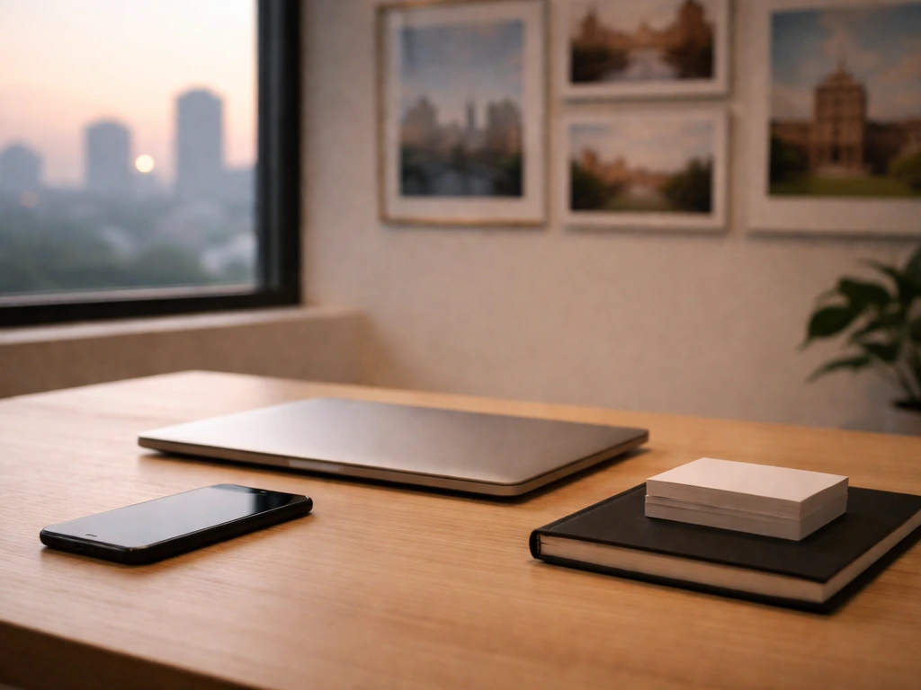 Minimal finance-office desk with laptop and phone, city skyline glow suggesting Lagos-to-global career context.