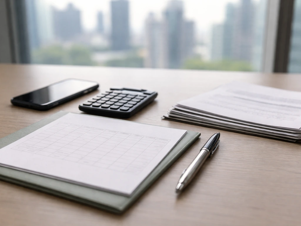 Anonymous desk setup with calculator and documents suggesting executive pay benchmarking without text.