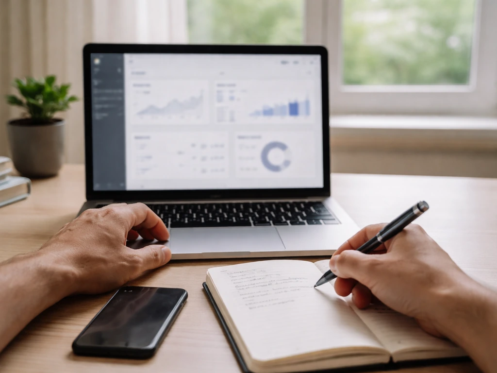 Hand at a minimal startup desk with laptop dashboard blur and handwritten note, suggesting CEO compensation context.