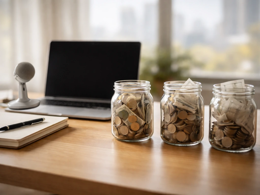 Minimal finance desk with laptop and jars of coins symbolizing different income streams.