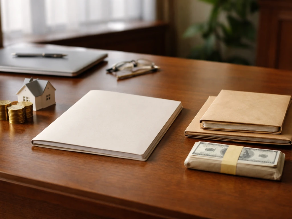 Office desk with symbolic assets and liabilities items laid out simply under natural light