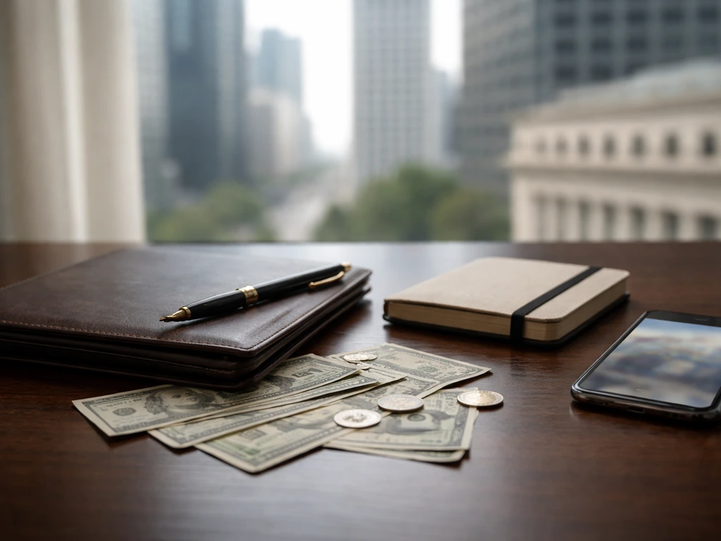 Minimal finance desk scene with portfolio, pen, cash, and blurred business buildings in the background.