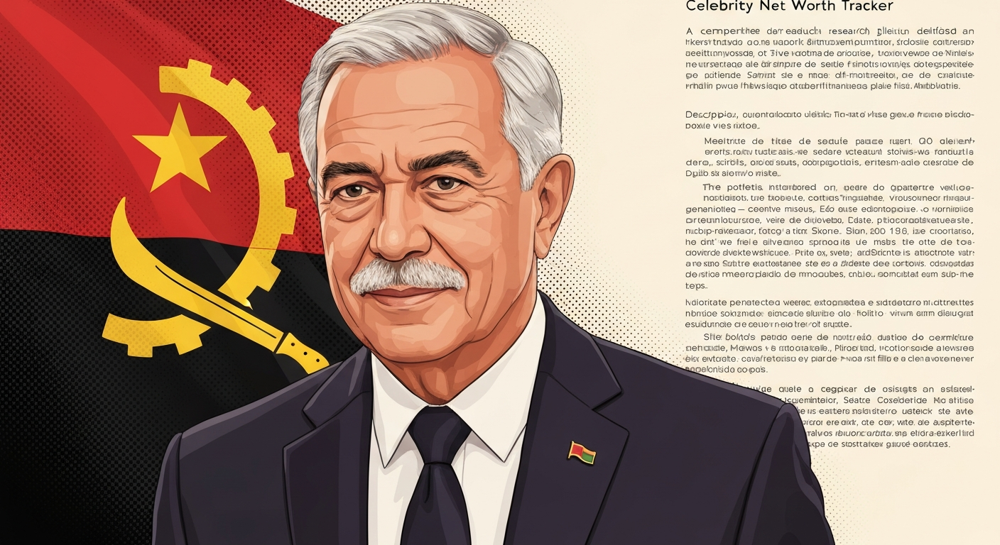 Stylized editorial portrait illustration of Bornito de Sousa, Angolan politician, three-quarter view with a subtle flag background.