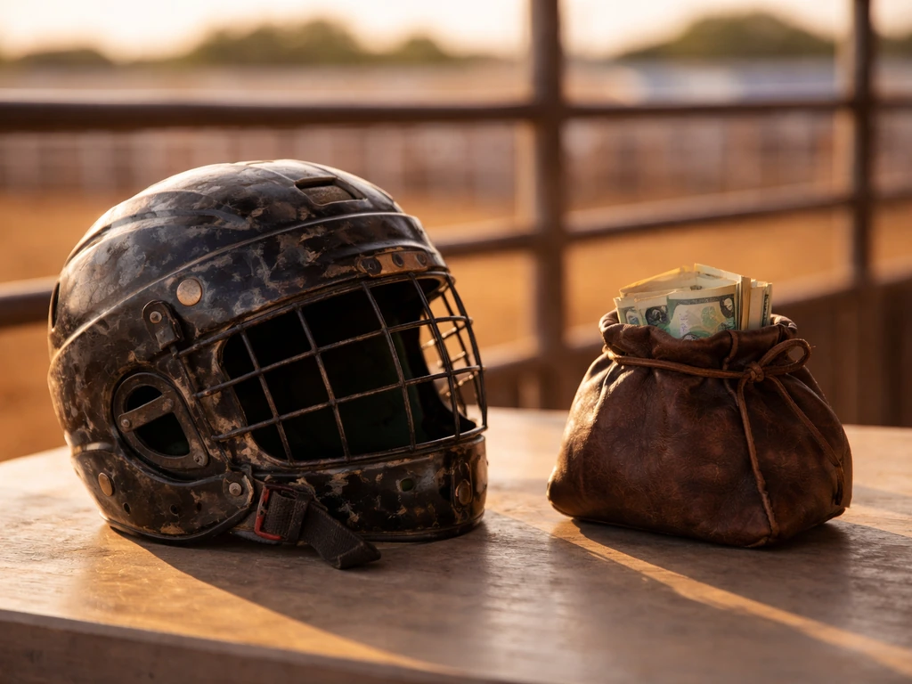 Symbolic scene with a bull-riding sport helmet and a small cash pouch on a desk, suggesting earnings estimation