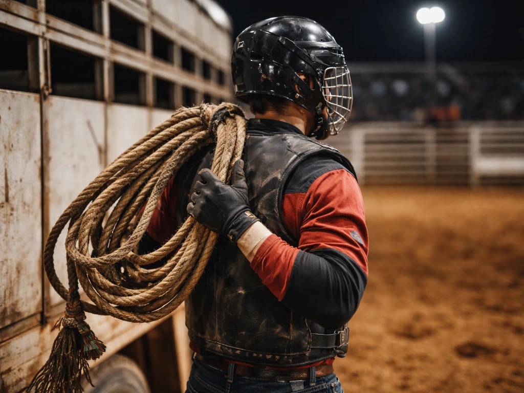 Bull rider in rodeo gear beside a stock trailer at a Brazilian arena, hinting at bull riding identity.