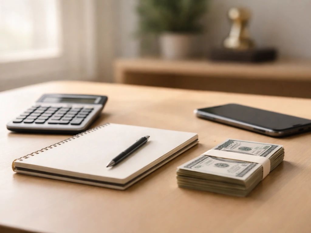 Minimal photo of a money-focused desk scene with a notebook and calculator, suggesting net worth calculation.
