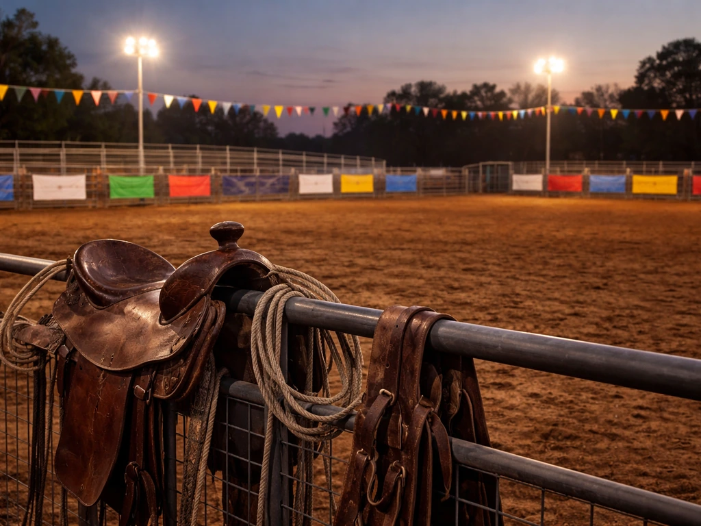 Rodeo arena at dusk with a sponsor-branded banner and tack equipment in the foreground
