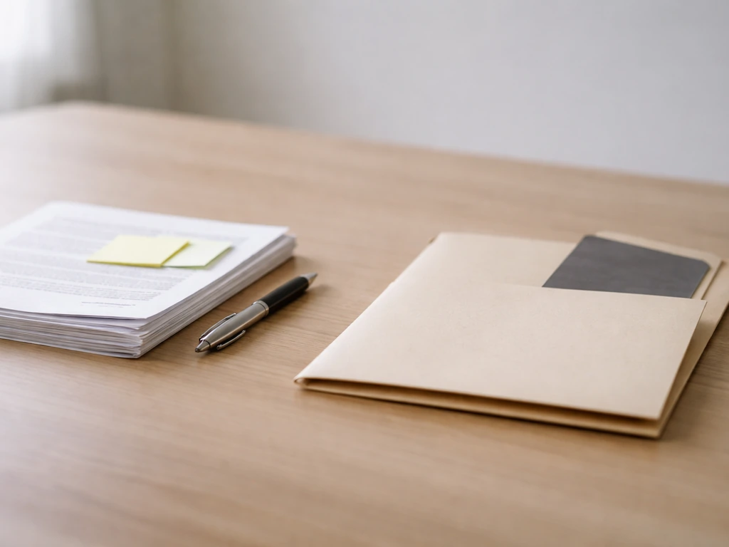 Split view of a business desk with neatly organized documents and a blurred folder suggesting uncertain claims.
