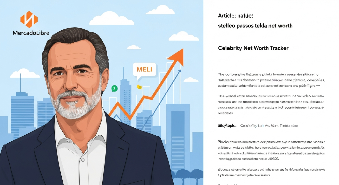 Stylized editorial illustration of a tech co‑founder with a stock chart and Latin American skyline, representing MercadoLibre and personal net worth.