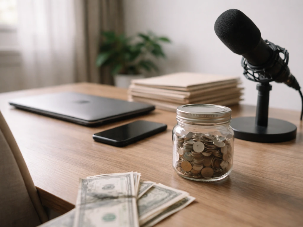 Minimal home office scene with coins jar, folders, laptop, and microphone suggesting a net-worth breakdown range