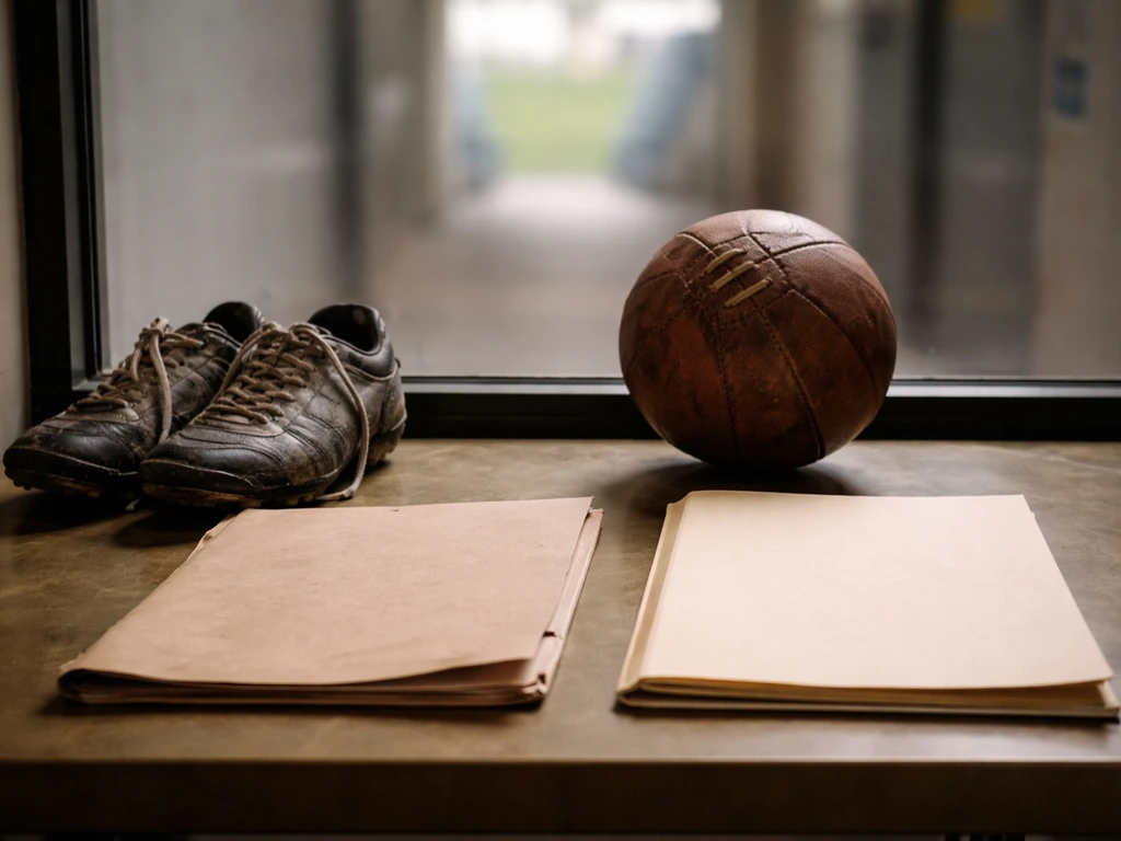 Minimal photo of an anonymous athlete’s boots and a football near a brass desk with two worn contract folders.