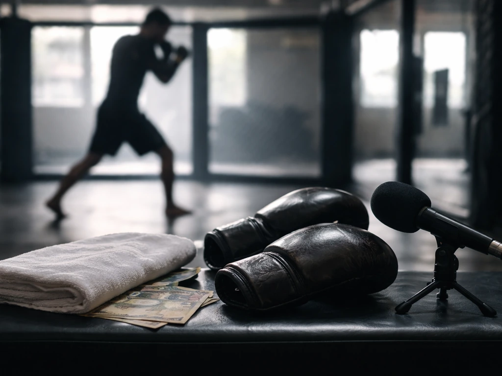MMA gym corner with a focused fighter silhouette and money-themed props for a fight-and-career context