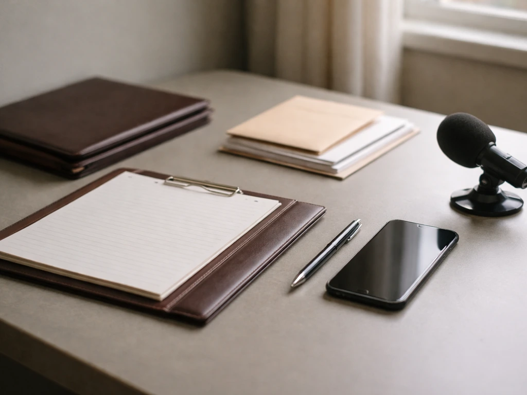 Minimal photo of a finance-focused desk setup with folders and a microphone, symbolizing net worth estimation layers.