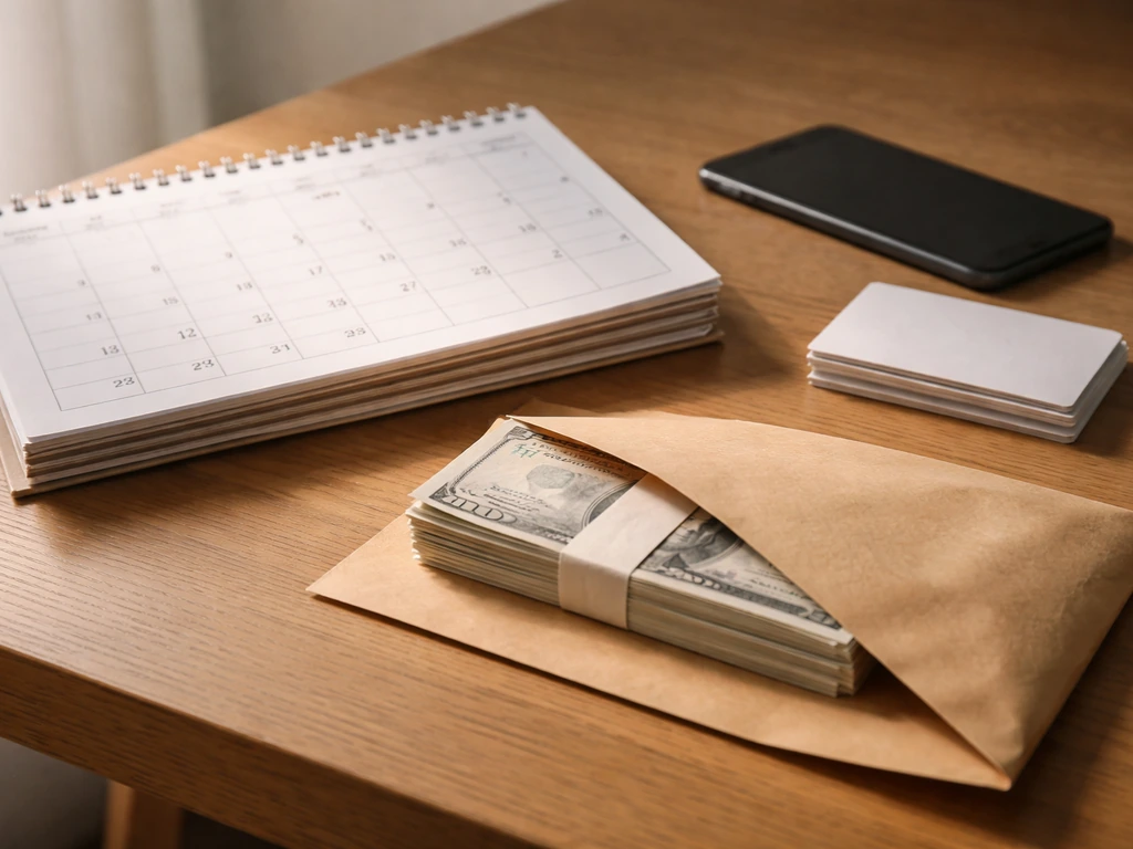 Minimal photo of a retiree’s transition timeline symbol: calendar, cash envelope, and phone on desk