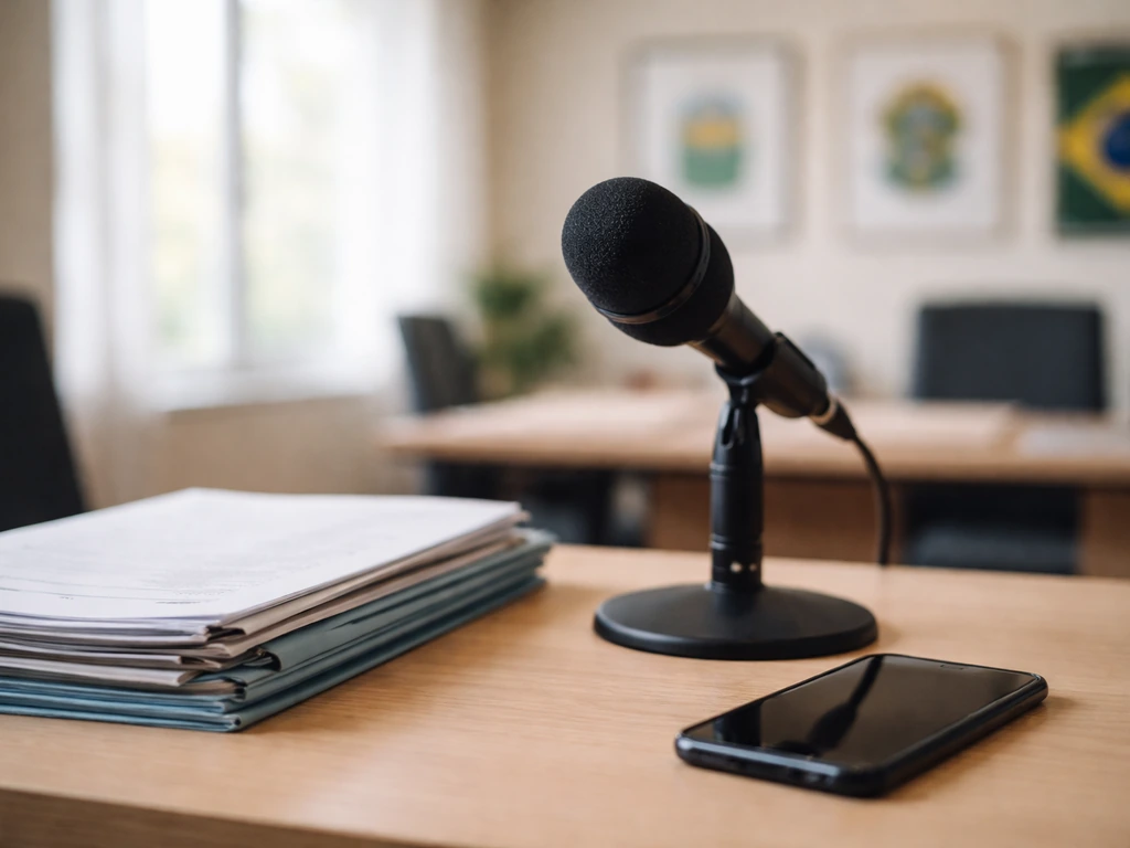 Minimal finance-news desk scene with microphone, papers, and phone, symbolizing net worth media analysis.