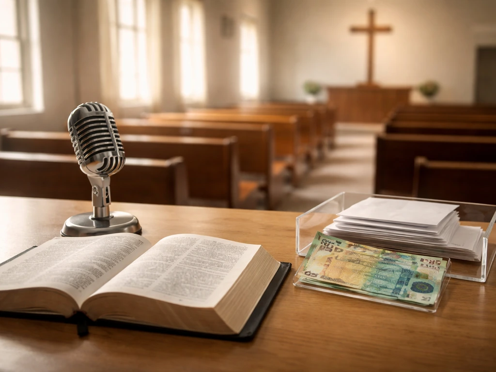 Church office desk with microphone, Bible, and money symbolizing public-profile work and finances.