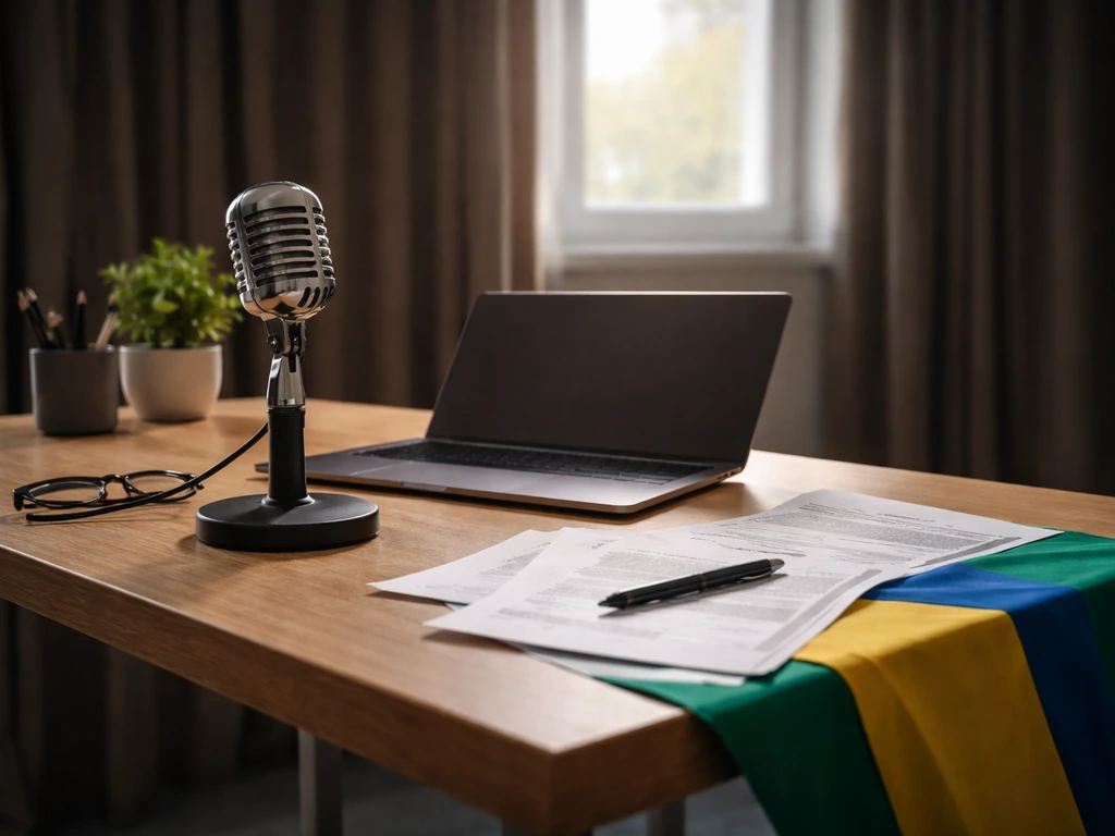 Anonymous media desk with microphone and documents, symbolizing public-profile financial discussion context.
