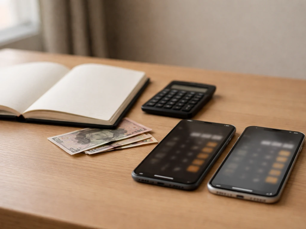 Minimal photo of a desk with calculator, currency notes, and two smartphones showing blurred numbers for comparison.