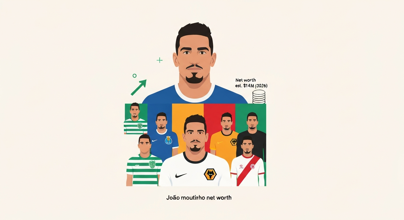Stylized editorial illustration of João Moutinho in a career montage (Sporting, Porto, Monaco, Wolves, Rayo) with financial graphic and headline “Net worth est. $14M (2026)”