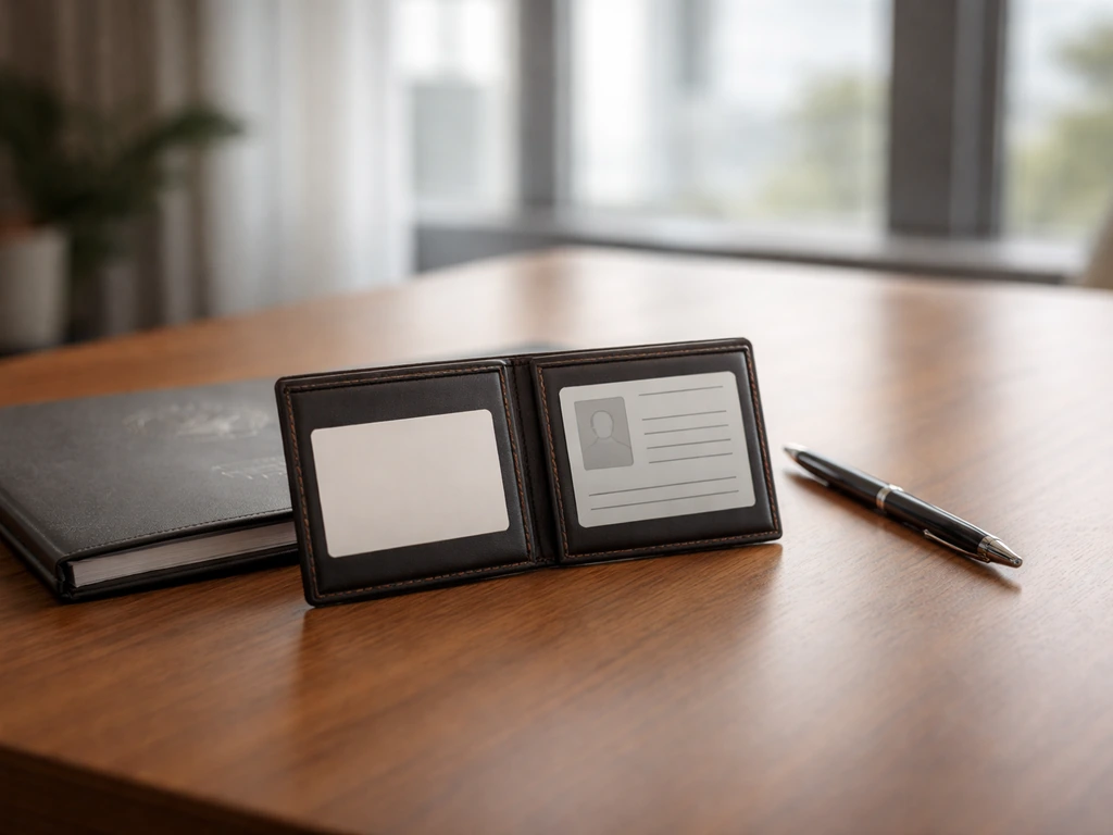 Close-up of an executive office desk with a passport-style ID holder, papers, and a pen