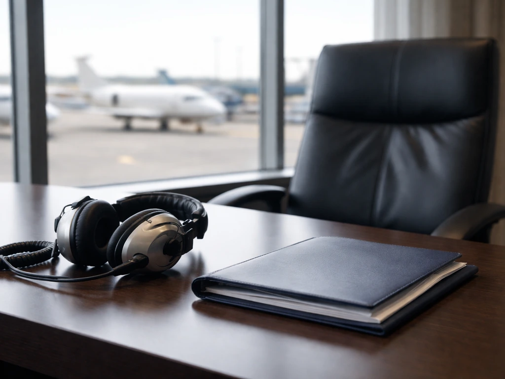 Aviation executive office desk with headset and a window view of airplanes at a distant airport.