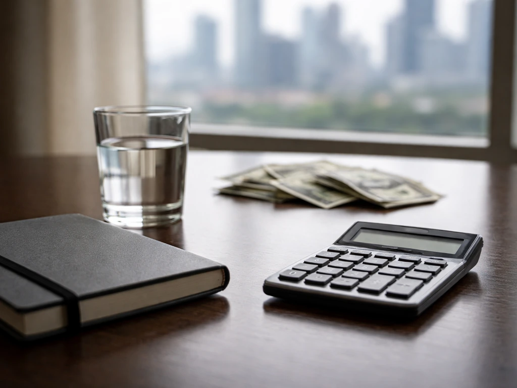 Minimal desk scene with calculator, notebook, and soft-focus money symbolizing net worth analysis.
